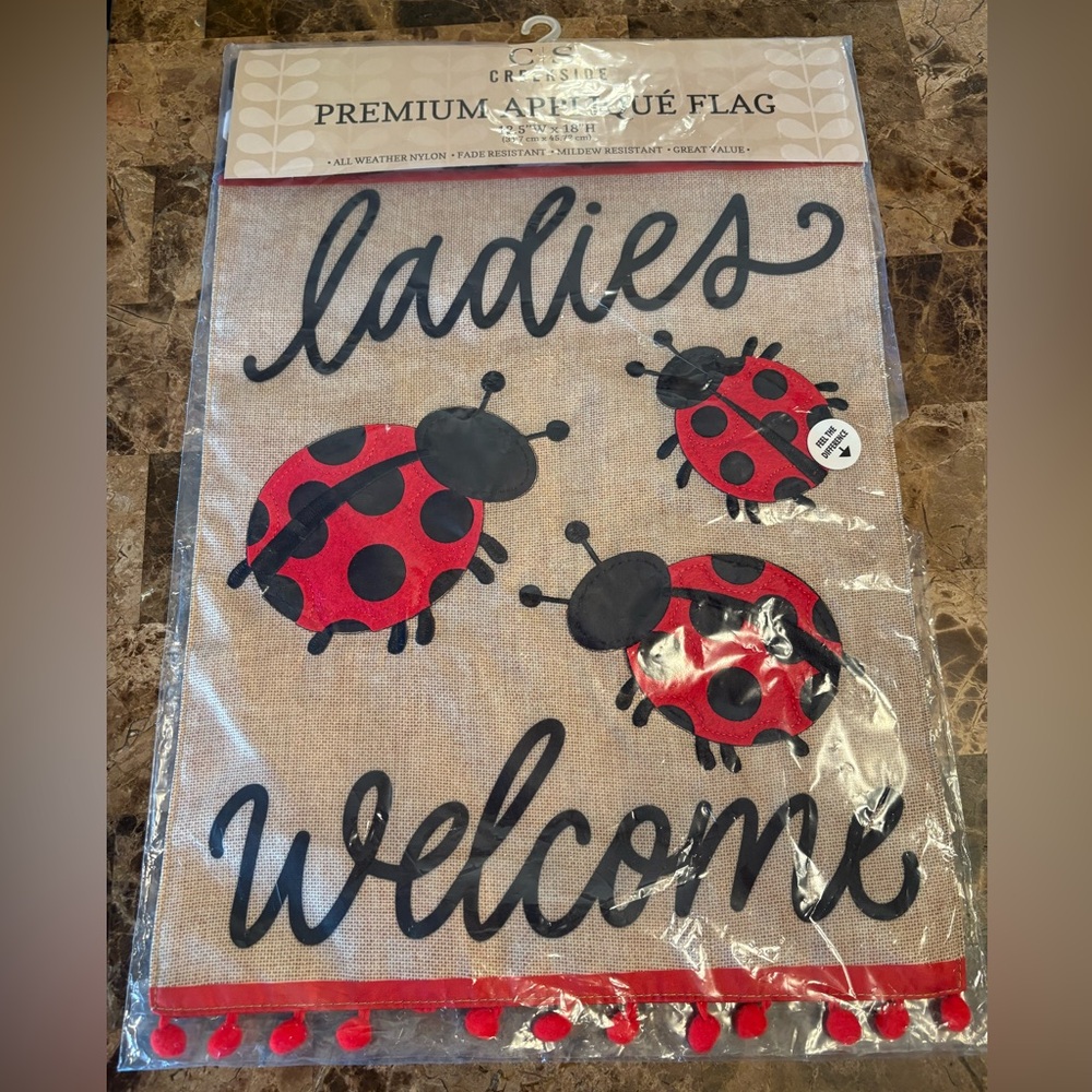 Charming NWT Creekside Ladybug Welcome Flag. Premium Applique. All weather.